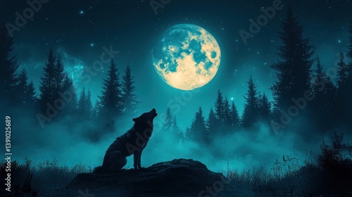 Silhouetted wolf howling at the moon in a mystical forest at night