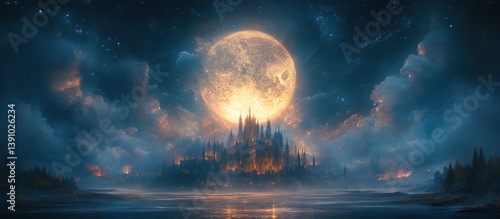 Mystical castle island at night, moonlit, foggy landscape