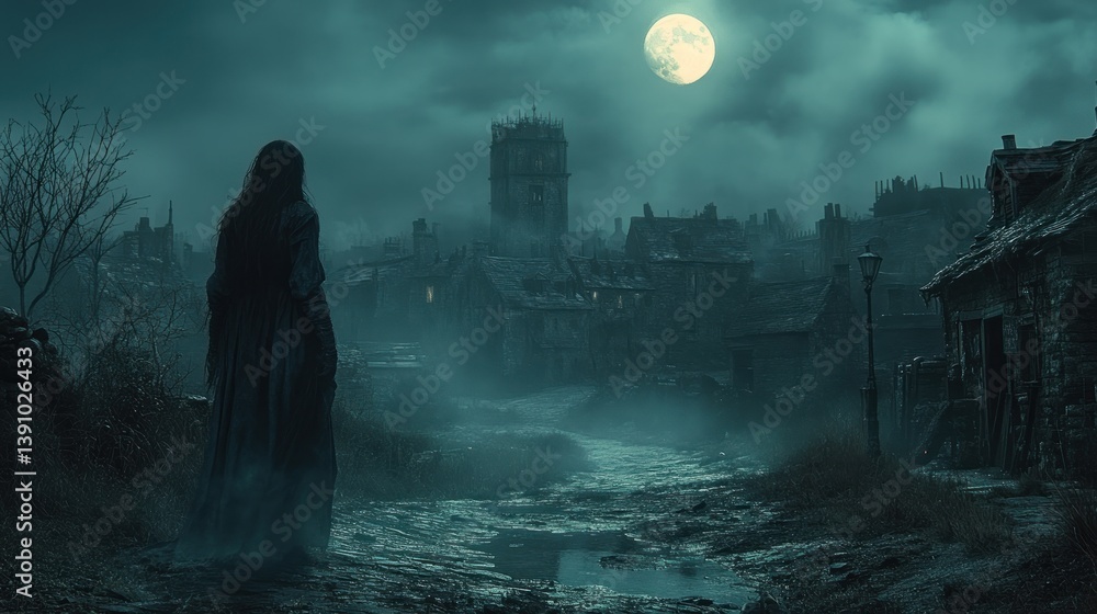 Obraz premium Woman stares at misty, gothic town at night under full moon