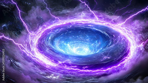 Mystical energy portal pulsing with ethereal cyan light, crackling purple lightning arcs, swirling cosmic mist against obsidian void, photorealistic render. Obsidian Whirlpool. Illustration