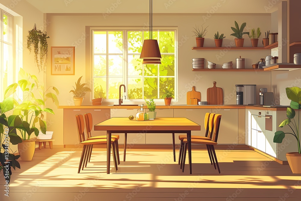 Fototapeta premium Modern Kitchen Interior Design with Natural Light and Rustic Wooden Furniture