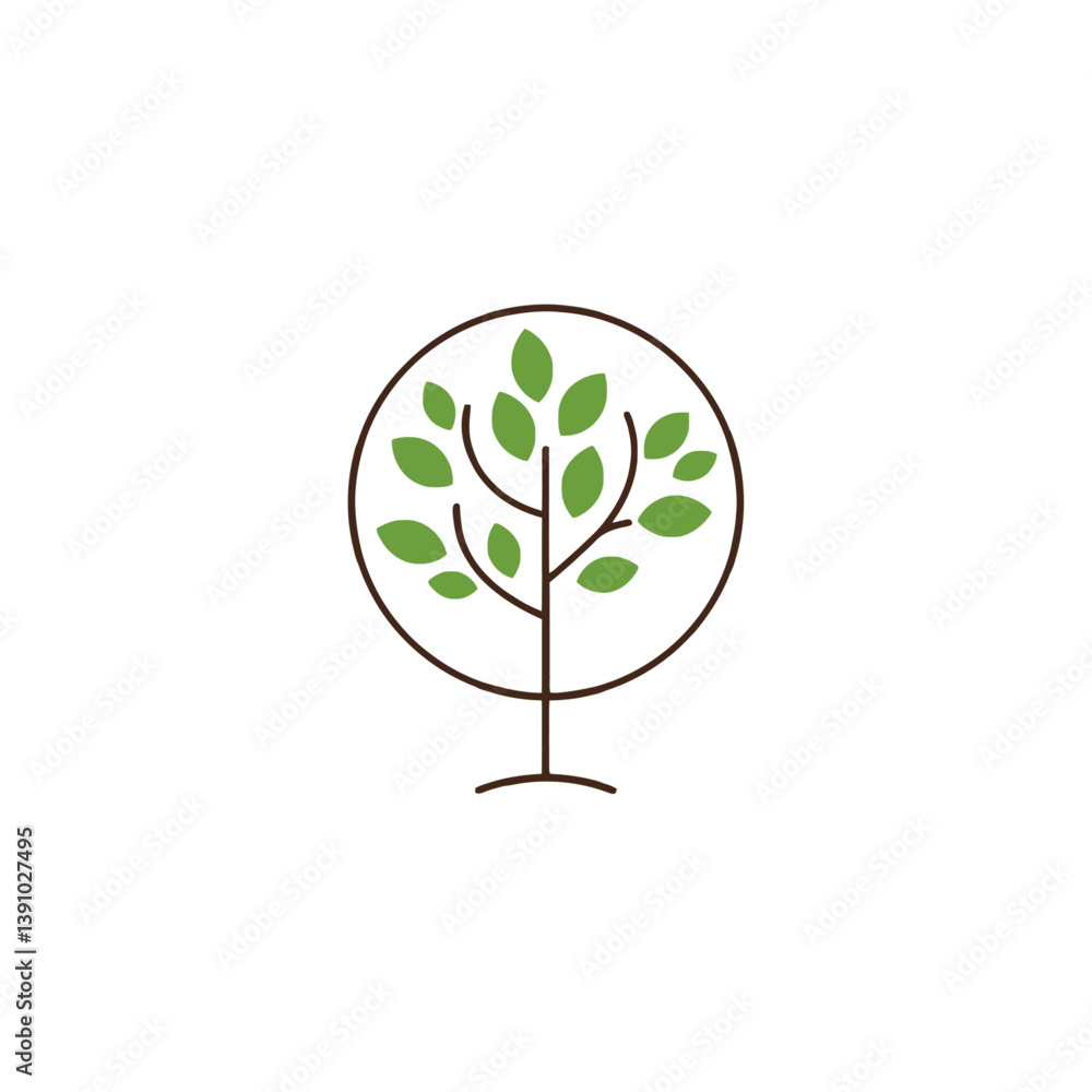 Minimalist tree logo with green leaves in a circle Minimalist tree logo with green leaves in a circle