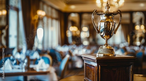 Luxury restaurant interior with golden trophy on wooden podium, elegant award ceremony concept for fine dining excellence and culinary achievement.