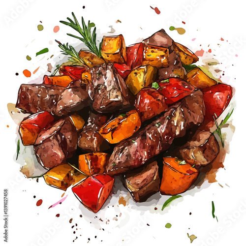 A watercolor painting of Lomo Saltado, isolated on a white background. Lomo Saltado vector


