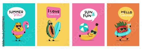Summer fruits characters cards. Colorful cartoons. Hello summer. 