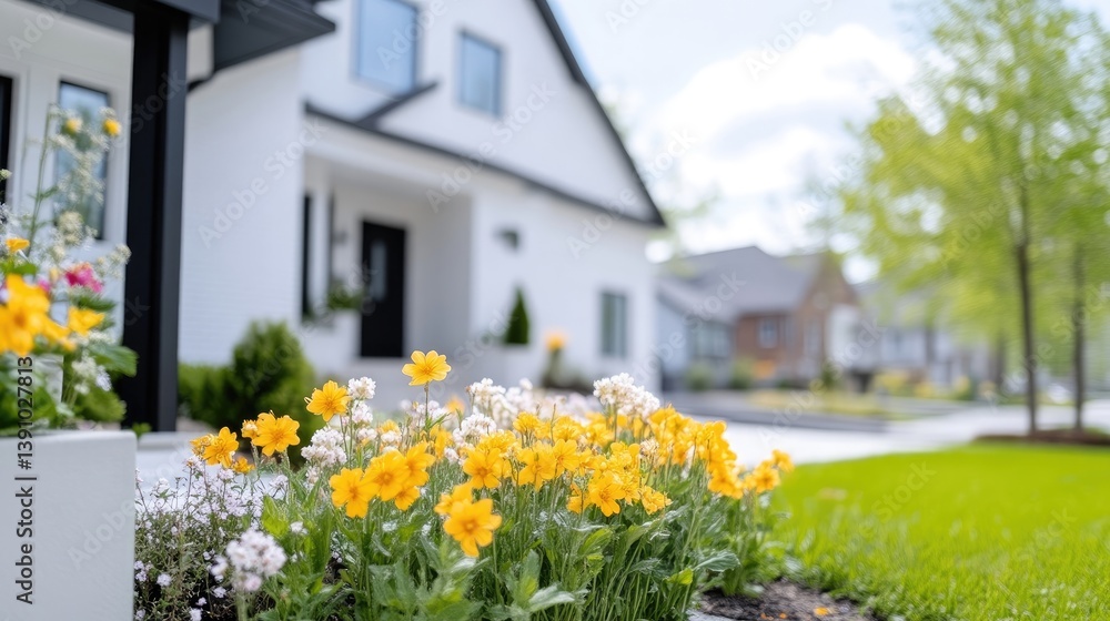 Fototapeta premium Yellow Flowers White House Modern Bright Sharp Focus Landscape Close-up View Lush Greenery Spring Bloom Suburban Neighborhood Warm Sunny Real Estate Marketing