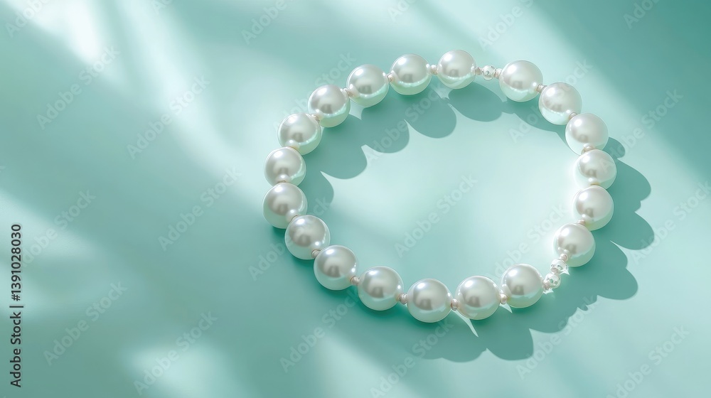 Minimalist composition featuring a single strand pearl necklace on light blue background, soft lighting and shadows, no people Minimalist composition featuring a single strand pearl necklace on light blue background, soft lighting and shadows, no people