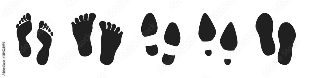 Human walking footprints shoes and shoe sole. Kids feet and foot steps Fun vector footsteps icon or sign for print. Different human footprints. Human walking footprints shoes and shoe sole. Kids feet and foot steps Fun vector footsteps icon or sign for print. Different human footprints.