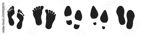 Human walking footprints shoes and shoe sole. Kids feet and foot steps Fun vector footsteps icon or sign for print. Different human footprints.