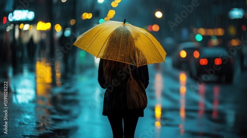 Wallpaper Mural Woman, yellow umbrella, city street, rain, night, blurred lights, solitude, walking, pensive, urban Torontodigital.ca
