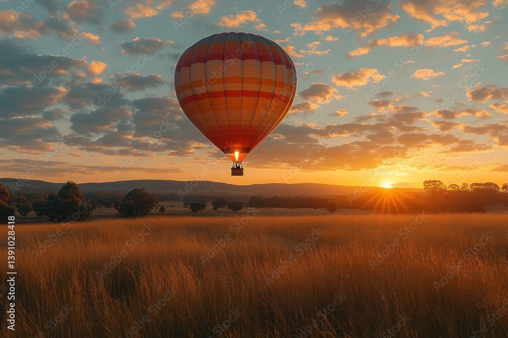 Obraz premium Sunrise Hot Air Balloon Ride Over Golden Fields