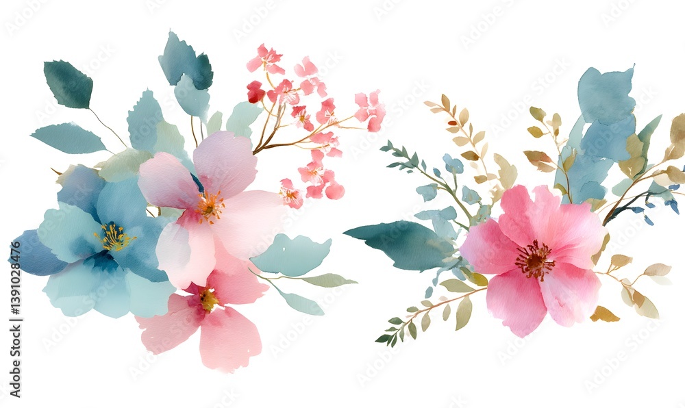 Fototapeta premium Watercolour floral elements for English country garden wedding invitation. Generative AI