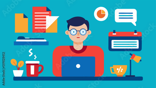 Content Creation A scene depicting the SEO expert writing engaging blog posts and articles surrounded by tools like a typewriter notepad and coffee mug.