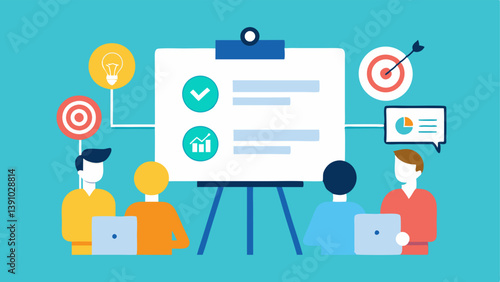 Brand Strategy Meeting A business meeting setup with a whiteboard displaying a flowchart of a social media strategy that includes target audience and engagement tactics.