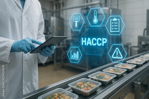 Food production line monitored by HACCP expert using digital tablet for quality control and safety checks in industrial food processing facility