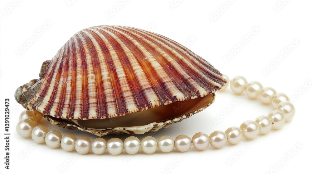 Pearl accessories placed inside an open shell on a white background, adding a natural and elegant touch