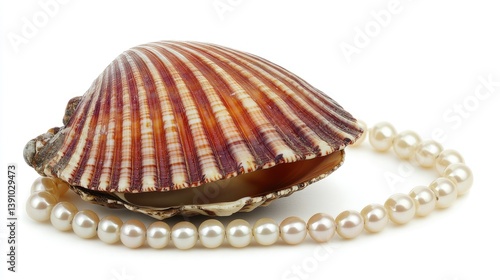 Obraz na płótnie Pearl accessories placed inside an open shell on a white background, adding a natural and elegant touch w salonie