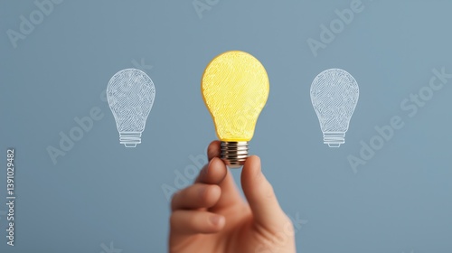 Obraz na płótnie Innovative ideas emerge from a light bulb held in a hand against a blue background, symbolizing creativity in problem-solving. w salonie