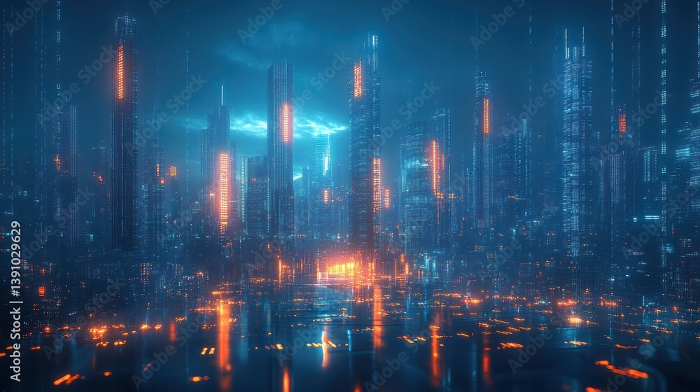 Obraz premium Futuristic city skyline at night with neon lights reflecting on water