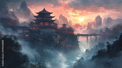 Sunset over misty mountain temple complex, bridge, Asian landscape, fantasy art, game design