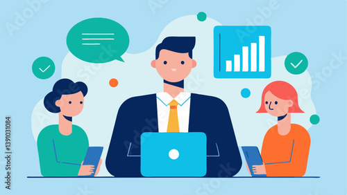 Client Consultation An illustration of a professional in a blazer sitting across from a company team holding a tablet and discussing a sustainability report. Graphs and ecofriendly