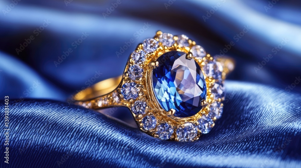 Sapphire ring with intricate gold setting on royal blue satin background, high-end detail, no people
