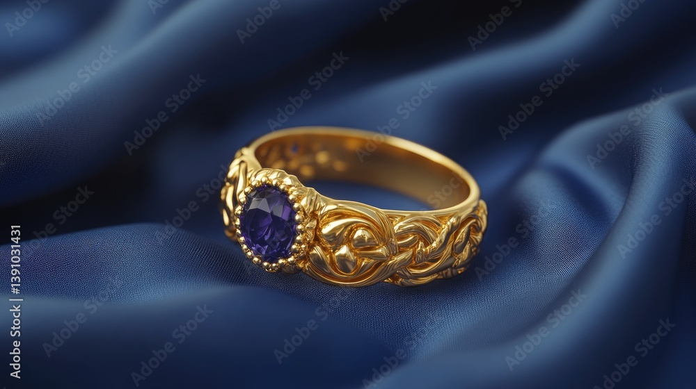 Sapphire ring with intricate gold setting on royal blue satin background, high-end detail, no people