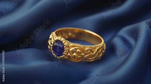 Obraz na płótnie Sapphire ring with intricate gold setting on royal blue satin background, high-end detail, no people w salonie