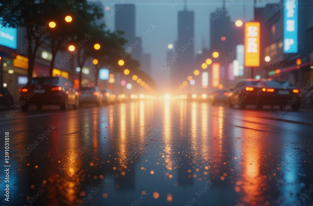 A city street scene at night, rain has created a wet surface that beautifully reflects the city lights, street lamps, and car headlights, creating a vibrant urban atmosphere. A city street scene at night, rain has created a wet surface that beautifully reflects the city lights, street lamps, and car headlights, creating a vibrant urban atmosphere.