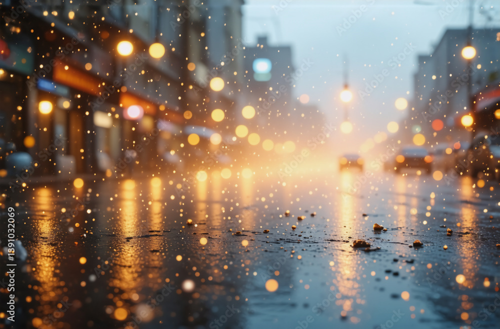 Fototapeta premium Rainy city street at night. Street lights reflect on the wet pavement creating a bokeh effect. Blurry urban scene with soft, diffused light.