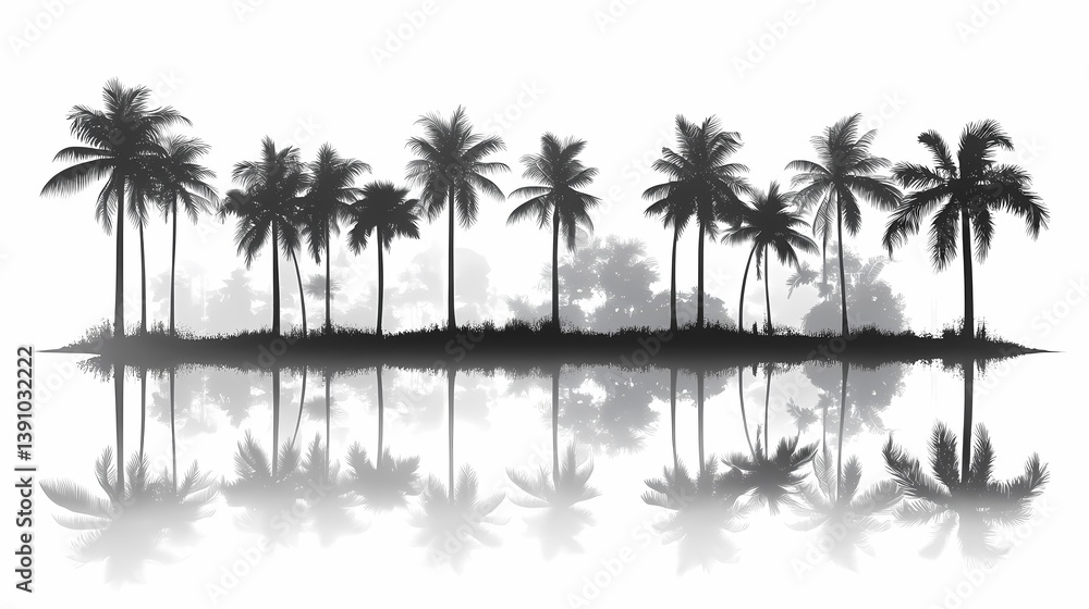 Fototapeta premium Tropical Silhouette of Palm Trees: Calm Water Reflections and Exotic Island Scenery