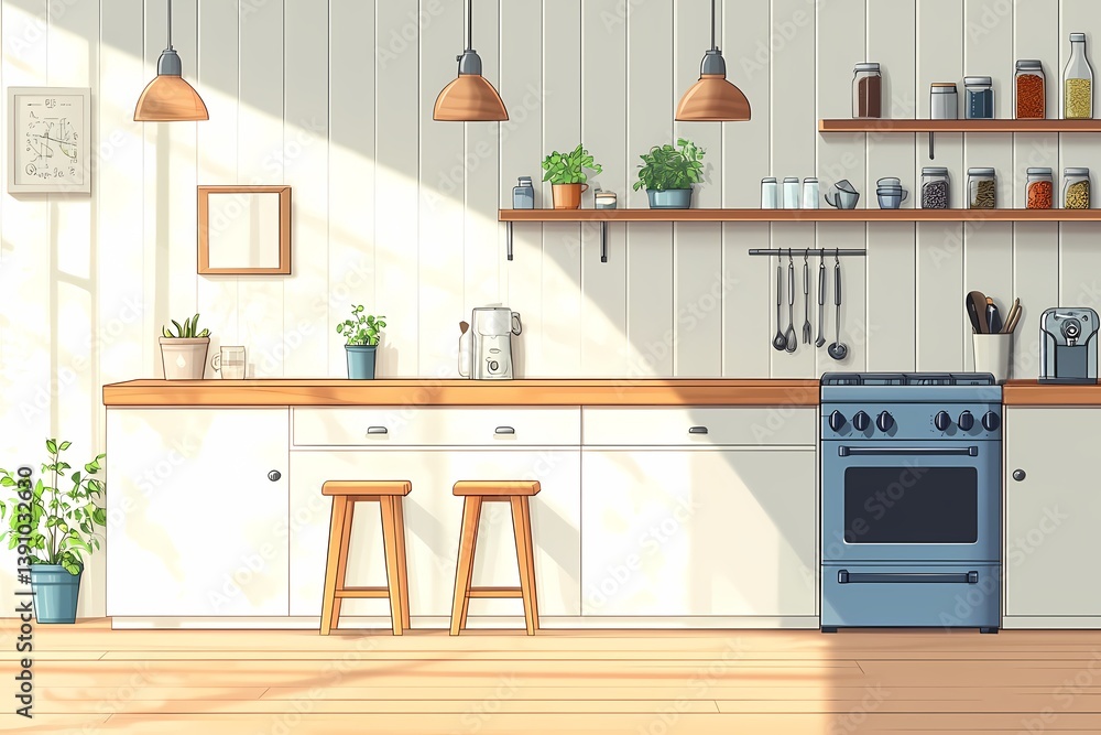 Fototapeta premium Modern Kitchen Interior Design: Bright and Cozy Decor with Wood Accents and Blue Highlights