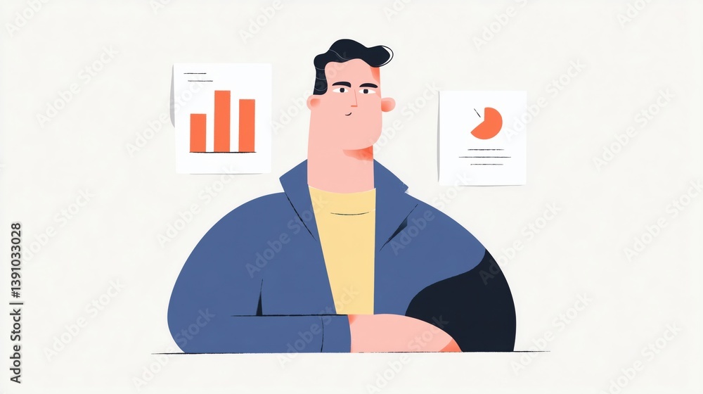 Professional man analyzing business data with graphs and charts in a modern office environment during the day, cartoon illustration.