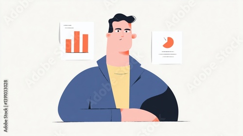 Obraz na płótnie Professional man analyzing business data with graphs and charts in a modern office environment during the day, cartoon illustration. w salonie