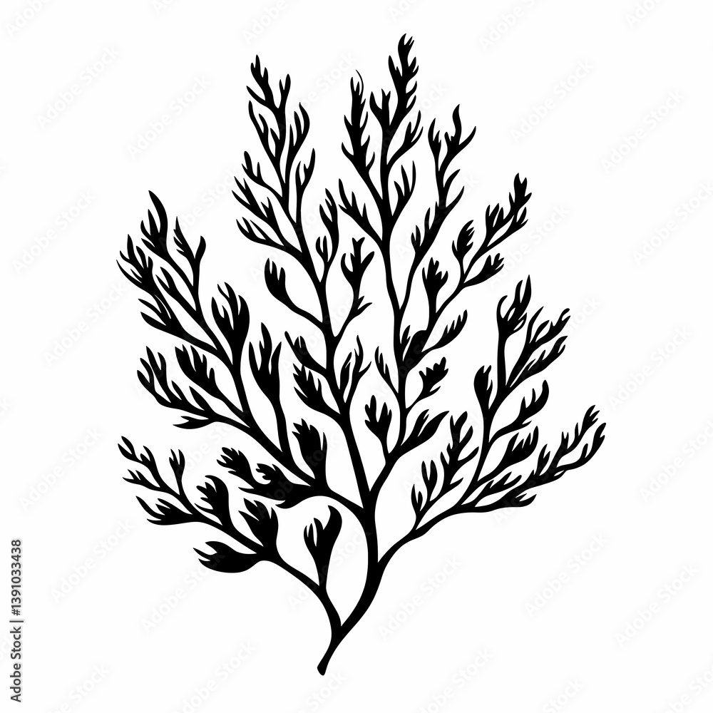 Naklejka premium Underwater Seaweed Silhouette: An Artistic Black Coral and Marine Botanical Illustration for Nature Lovers