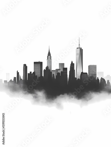 City Skyline Silhouette: Black and White Cityscape Featuring Modern High-Rise Architecture with Fog and Clouds - A Panoramic View of Iconic Skyscrapers in an Urban Landscape