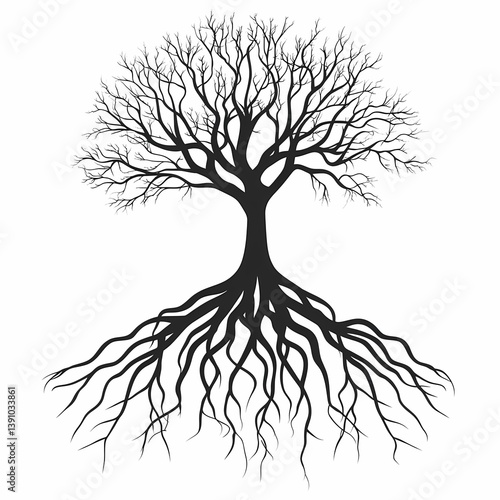 Black Tree Artwork: Silhouette Design Illustrating Roots, Organic Growth, and Longevity in Nature