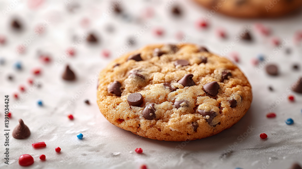 Delicious chocolate chip cookie with crumbs and colorful sprinkles on a light surface Delicious chocolate chip cookie with crumbs and colorful sprinkles on a light surface