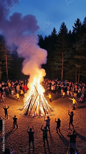 Large bonfire celebration at night with people dancing and cheering in a forested area