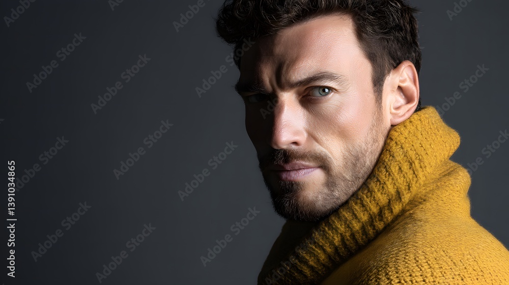 Fototapeta premium Confident man in mustard sweater, exuding quiet strength and modern elegance