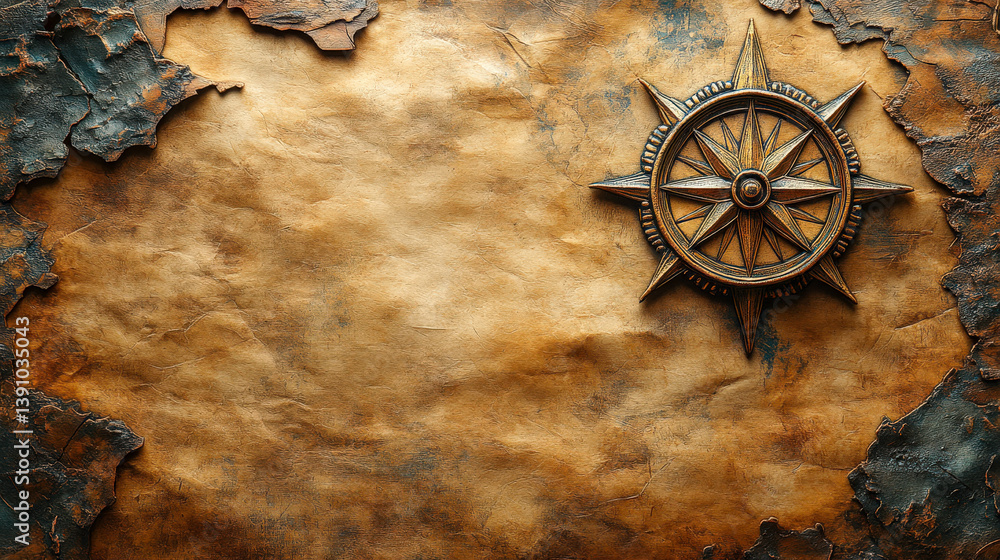 Fototapeta premium Compass rose design on vintage map background showcasing detailed textures and aged materials