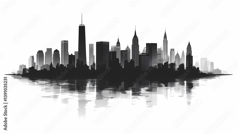 Naklejka premium City Skyline Silhouette: Modern Urban Landscape and Architecture in Black and White