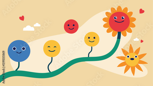 Growth Path A winding path leading through various emotions represented by flowers joy sadness guilt leading up to a bright sun labeled selfacceptance.