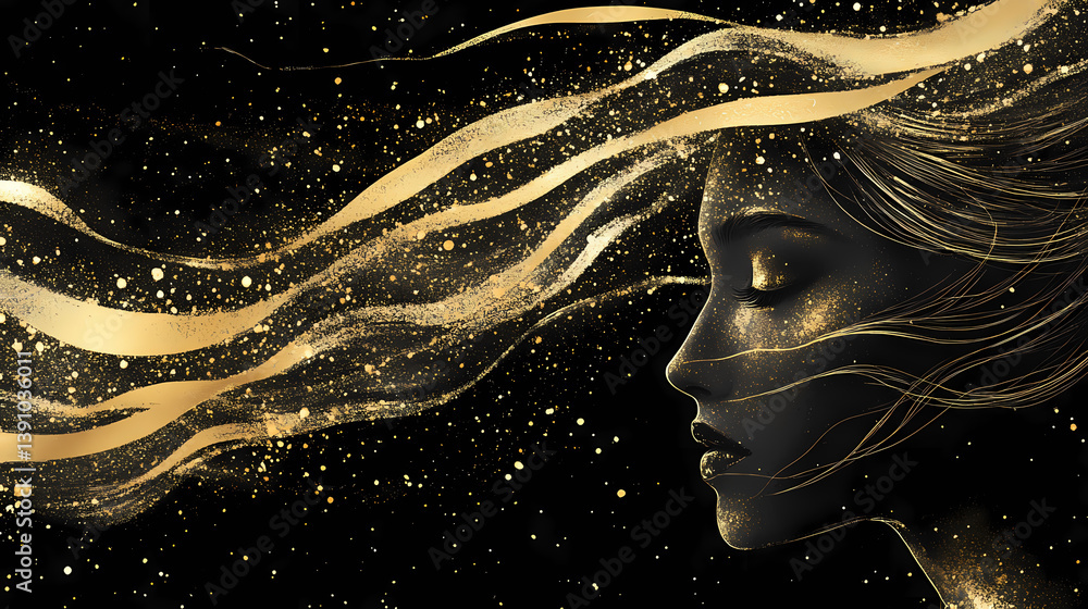 A grainy, abstract gold gradient swoops across a black background, creating a deluxy, design. Fading Ripples. Illustration