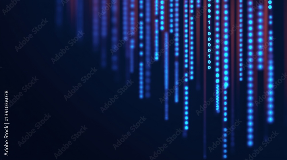 Abstract digital background with cascading blue data streams in a futuristic setting during nighttime.