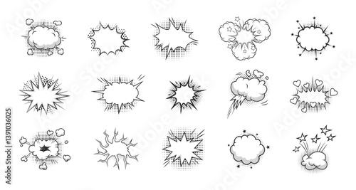 Retro empty comic bubbles and elements set with black halftone shadows on transparent background. Vector illustration, vintage design, pop art style.