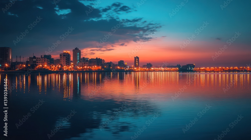 Fototapeta premium Cityscape sunset reflection, waterfront, dramatic sky, urban night, travel poster
