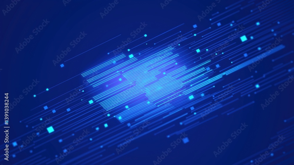 Dynamic blue abstract design with flowing lines and glowing squares representing digital movement and technology.