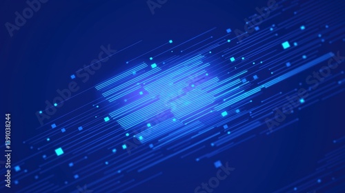 Obraz na płótnie Dynamic blue abstract design with flowing lines and glowing squares representing digital movement and technology. w salonie