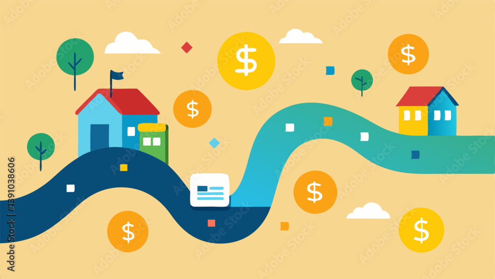 Cash Flow Stream A flowing stream with different currencies and investment icons stocks bonds real estate floating in it illustrating the movement of money in a diverse investment